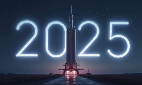 space rocket, space exploration, launch pad, 2025, text, title, new year, glowing, starry sky, sci fi, aesthetic, ai generated